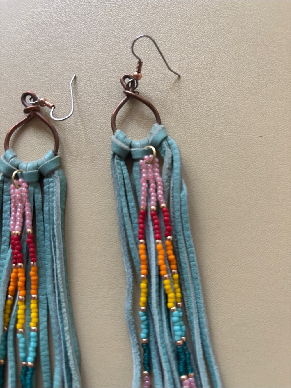 Handmade Turquoise Leather Beaded Fringe Earrings Artisan Boho 8” - Picture 2 of 5